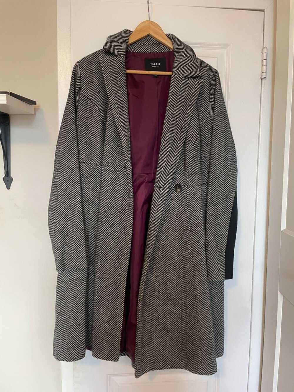Torrid Black & White Herringbone Wool Blend Long Coat | Size 00